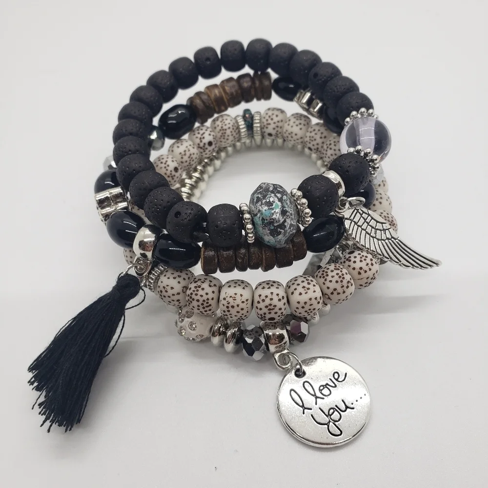 Beaded Bracelet Set Tassel Charms 4 Stretch Bracelet Set Black - Picture 6 of 11